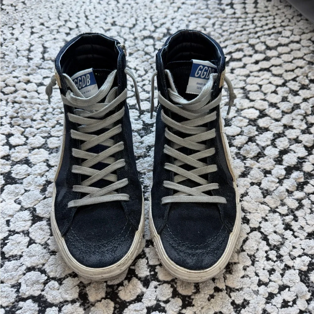 Golden Goose Slide High-Top Sneakers in Black with White Laces - Picture 4 of 9